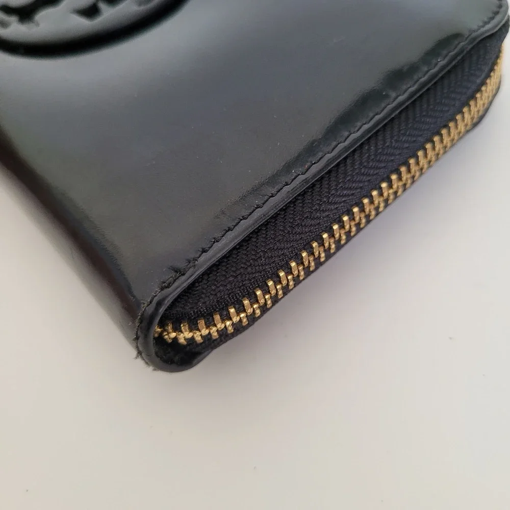 Tory Burch Black Patent Leather Zip Around Wallet Embossed Logo Gold Hardware